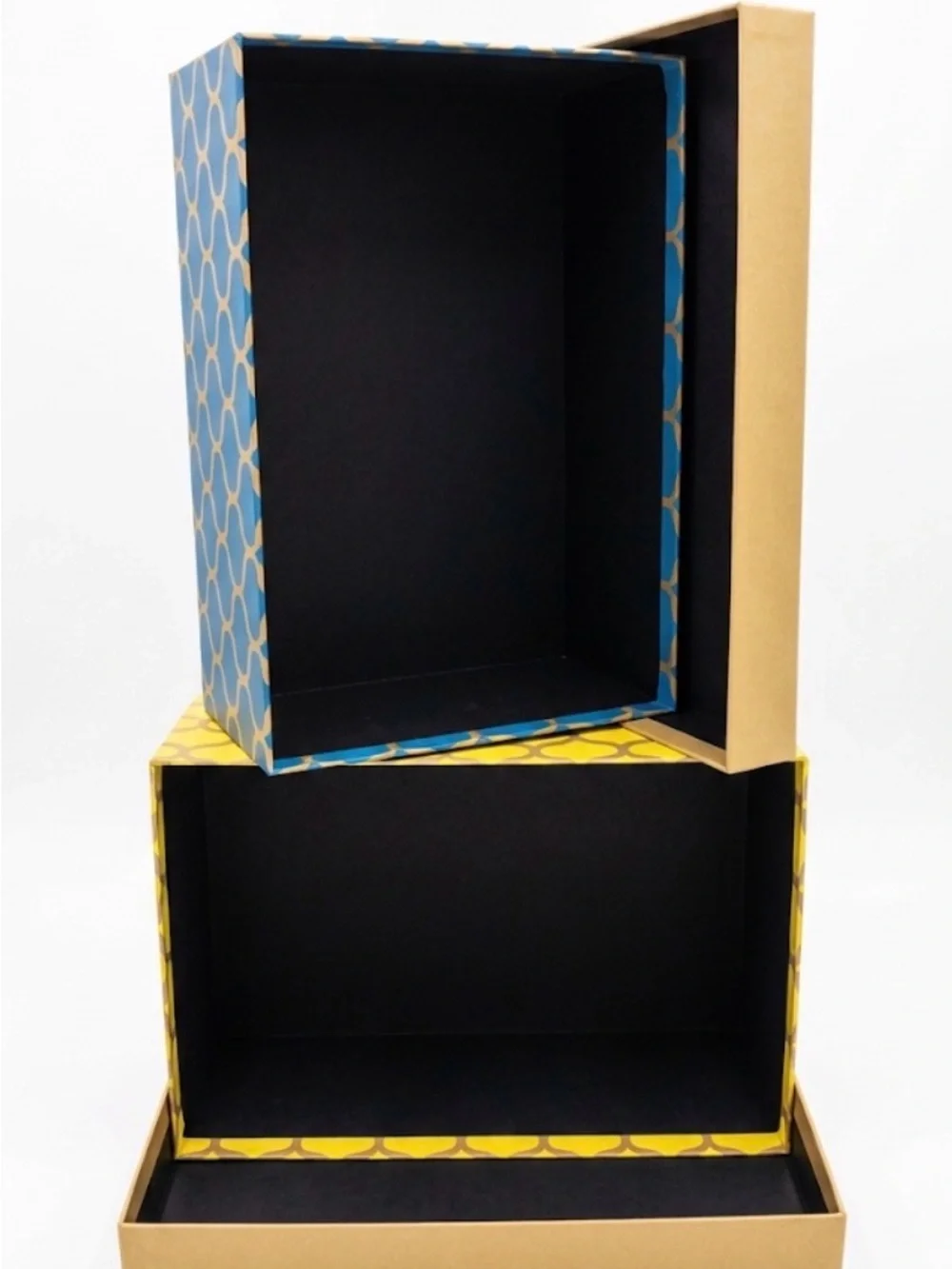Yellow and Blue Patterned Storage Boxes with Lids